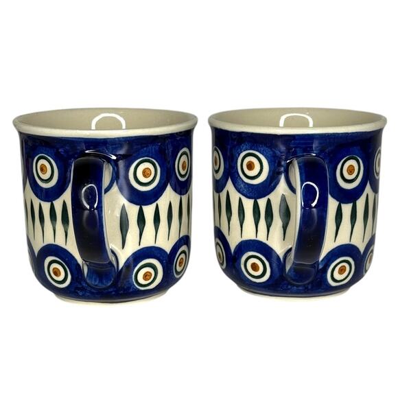 Boleslawiec Polish Pottery Peacock Mugs Pair of 2 Handmade Stoneware - Picture 8 of 9